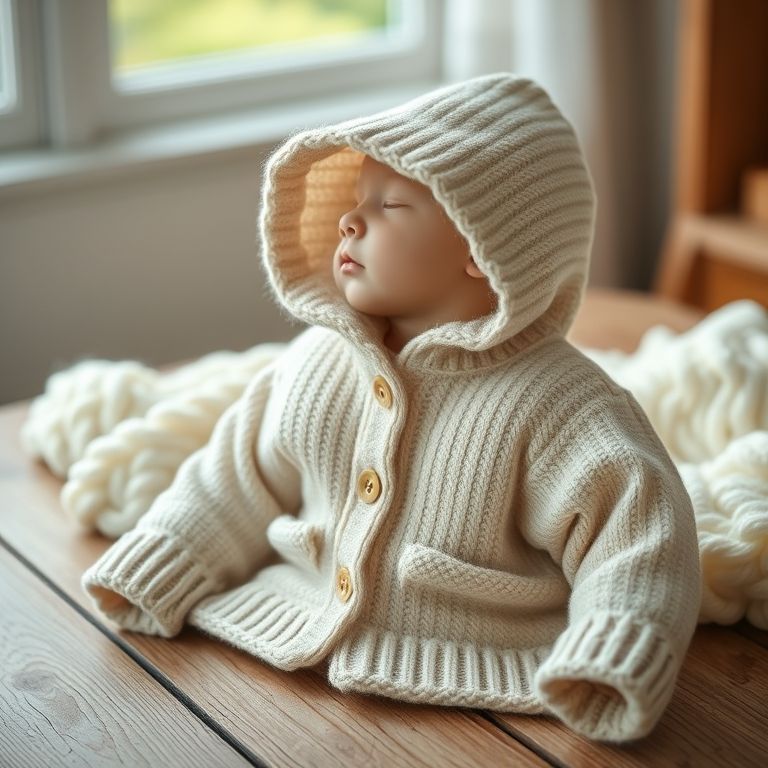 Casaquinho de bebê com capuz sobre uma mesa de madeira.
