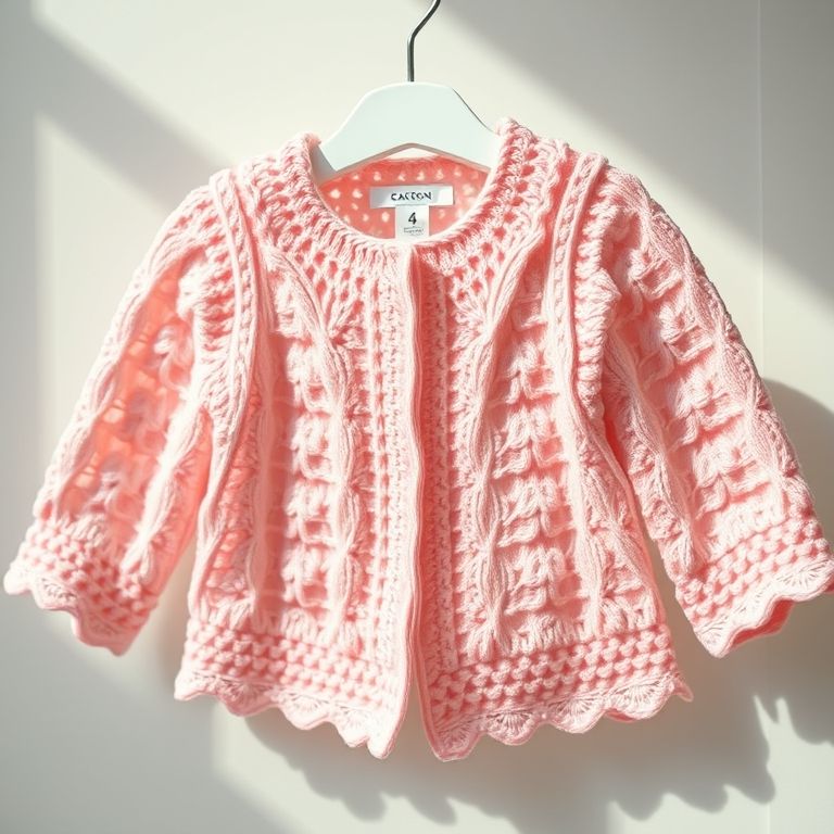 Casaquinho de crochê rendado para bebê, cor rosa suave.