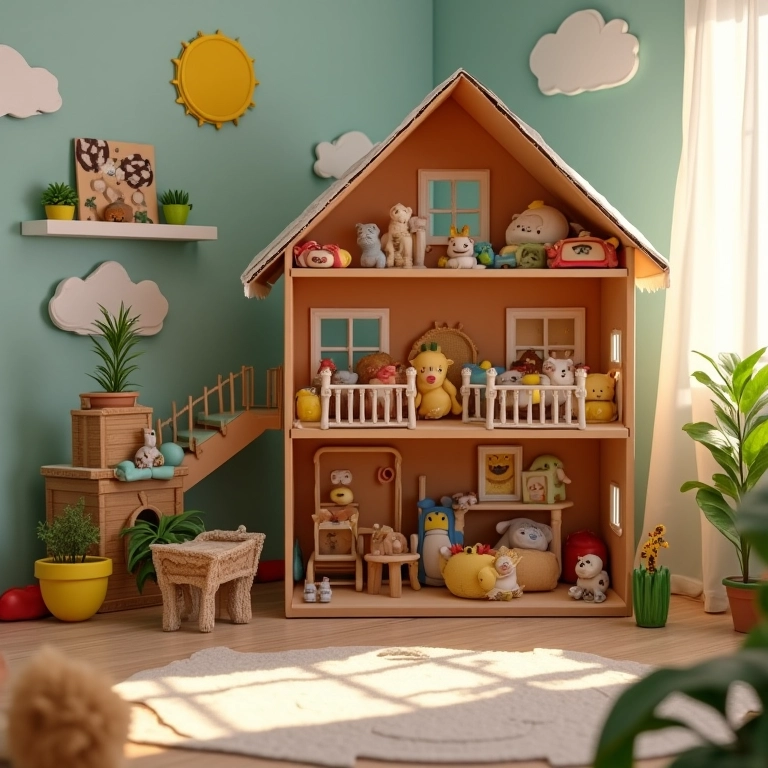 Casinha de bonecas feita de caixas de papelão, com decoração detalhada.