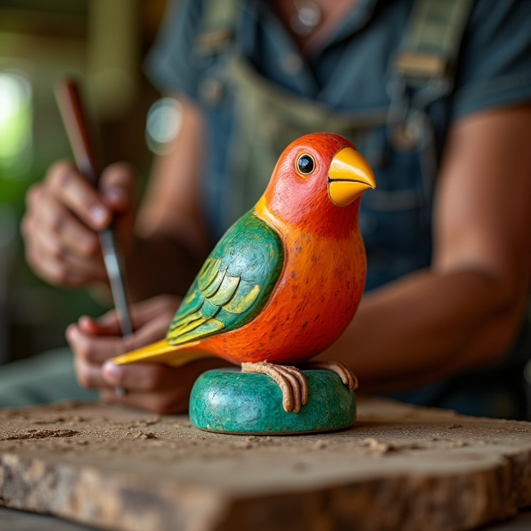 Casinha de passarinho artesanal sendo construída por um artesão brasileiro.