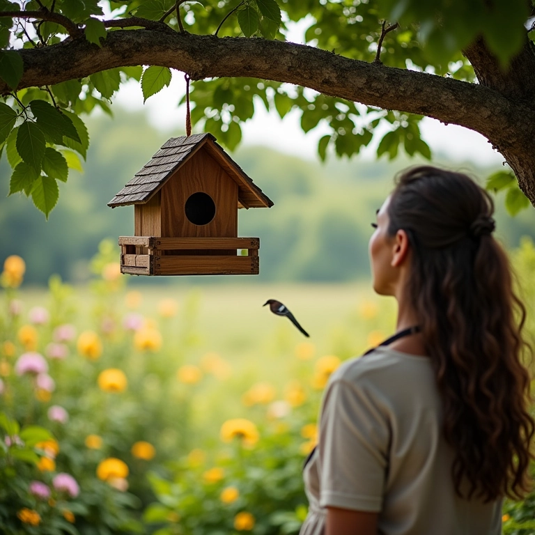 Casinha de passarinho pendurada em um jardim brasileiro exuberante.