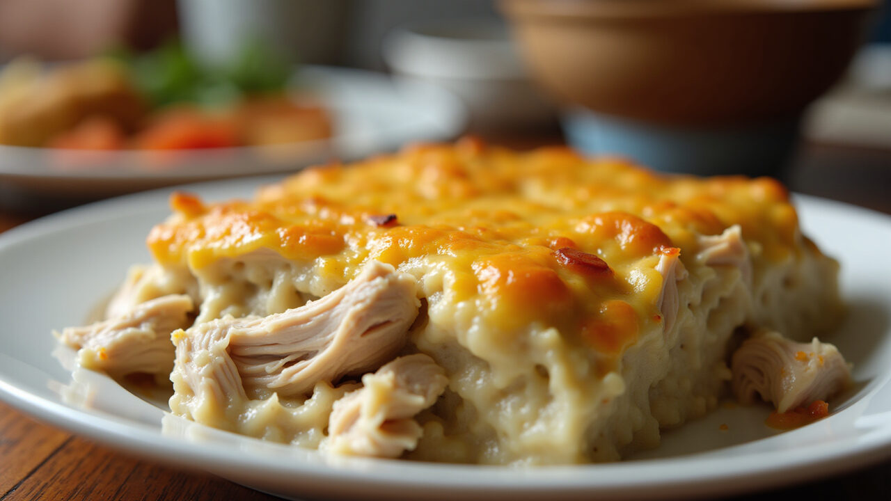 Casserole dish with shredded chicken, white sauce, melted cheese, Brazilian family dinner setting, Frango desfiado gratinado com queijo.