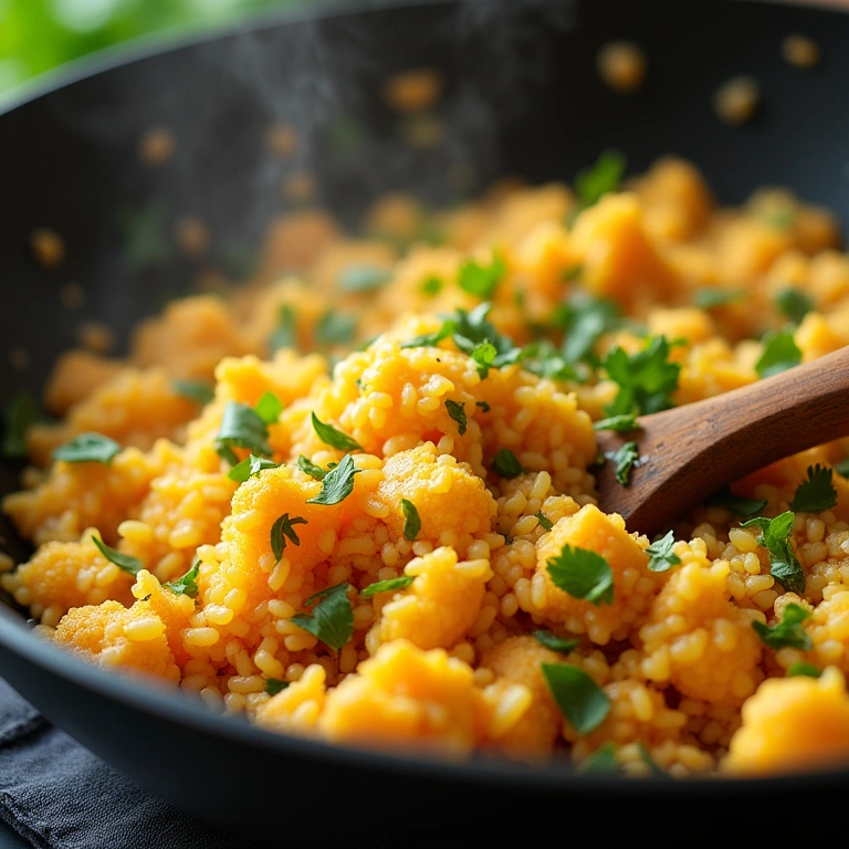 Cauliflower rice being stir-fried in a wok, close-up, fresh herbs, garlic, vibrant colors, Arroz de couve-flor refogado com alho e cebola.