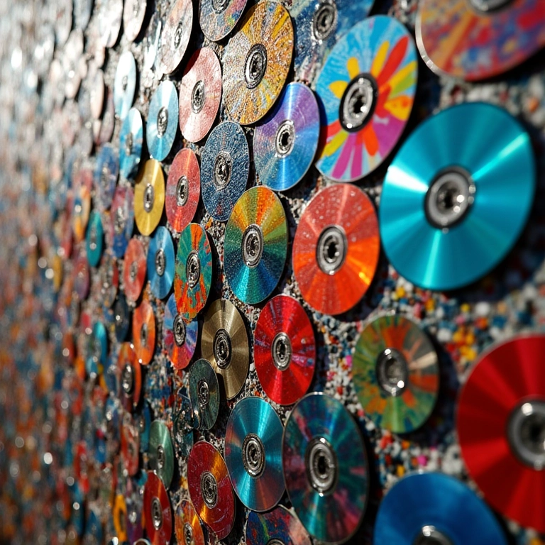 CDs e DVDs transformados em um mosaico colorido em uma parede.