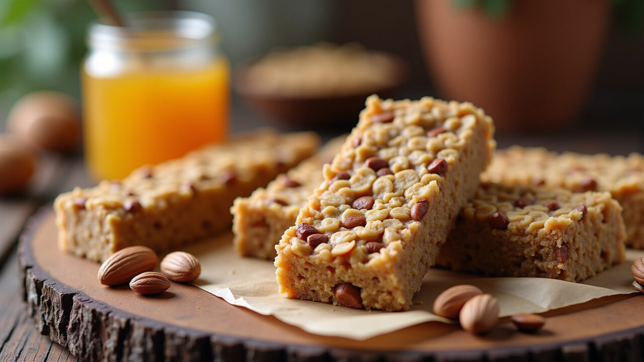 Cereal bars with honey and nuts, rustic wrapping, Brazilian ingredients, 8k, professional Barrinhas de cereais caseiras com mel.