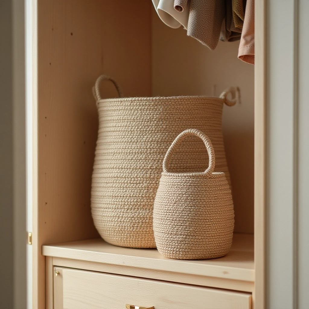 Cesto de fio de malha organizando acessórios em um closet bem iluminado e organizado.