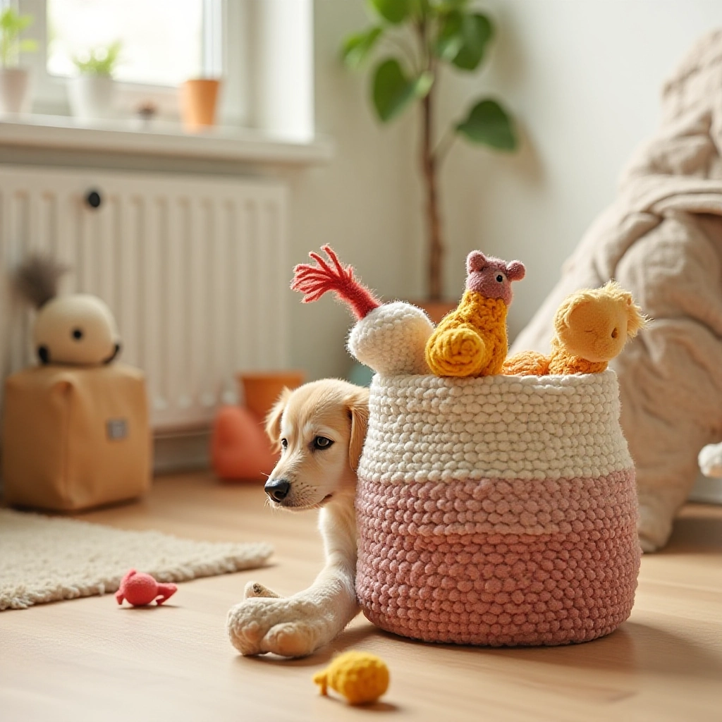 Cesto de fio de malha organizando brinquedos de um pet em um ambiente amigável para animais.