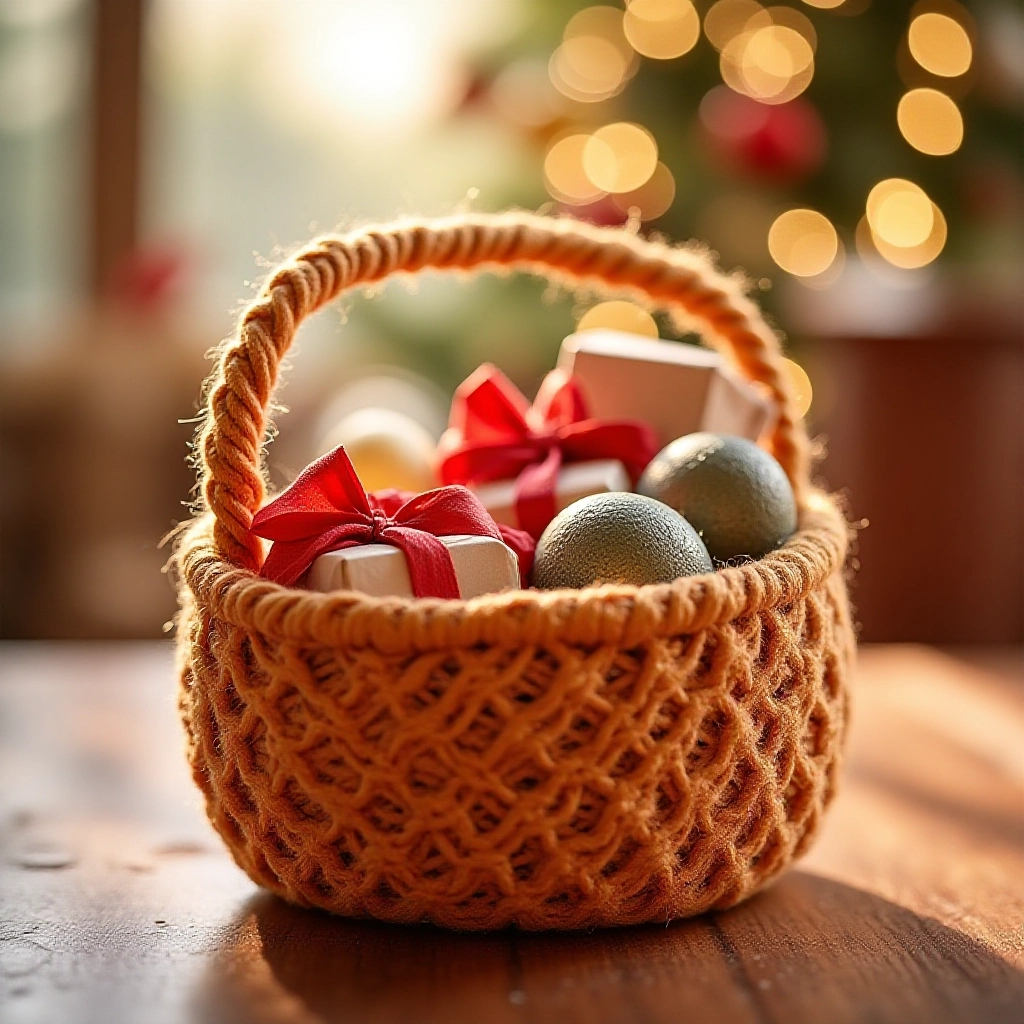 Cesto de fio de malha sendo usado como embalagem para presentes, cheio de itens festivos.