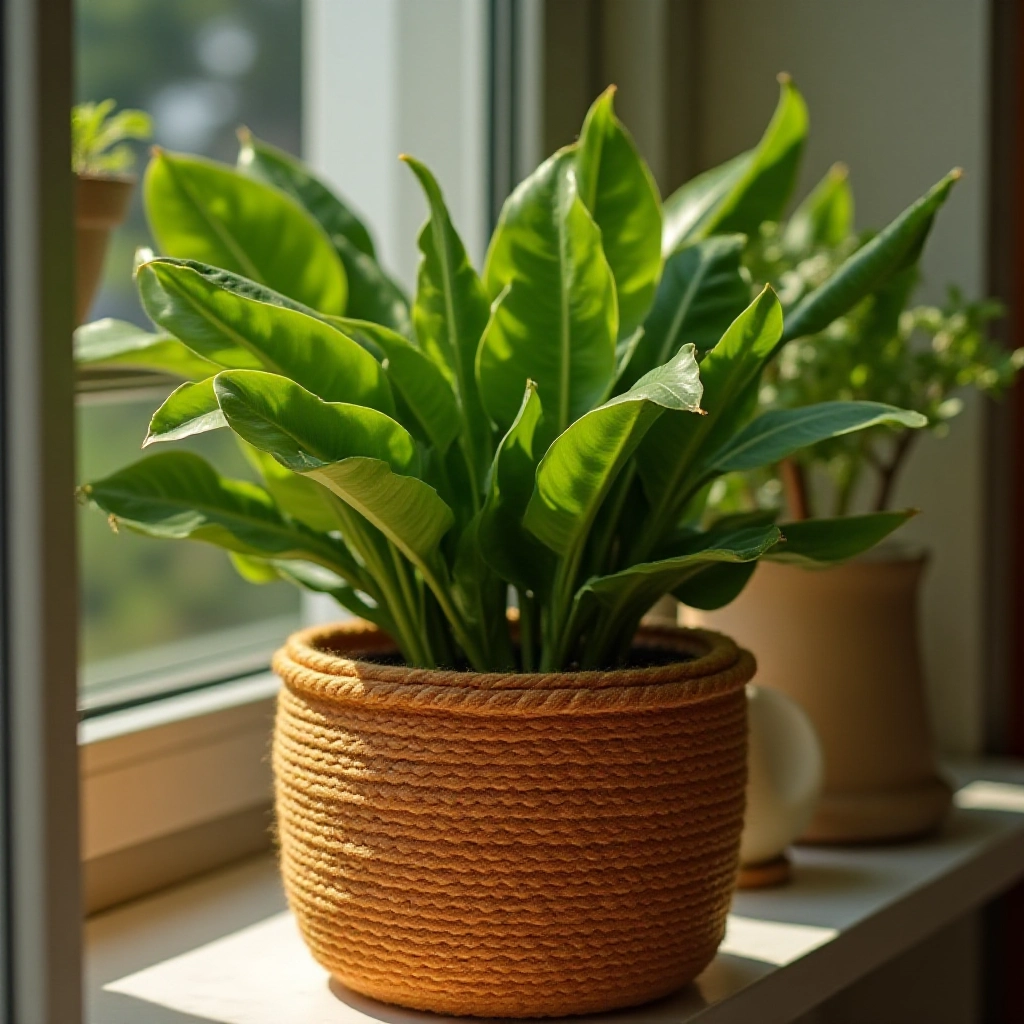 Cesto de fio de malha servindo como cachepot para uma planta verde vibrante em uma sacada ensolarada.