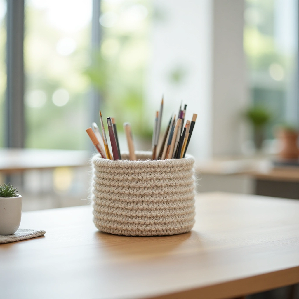 Cesto de fio de malha servindo como porta-trecos em uma mesa de escritório organizada.