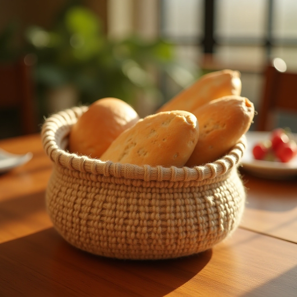Cesto de fio de malha servindo pães frescos em uma mesa de café da manhã convidativa.