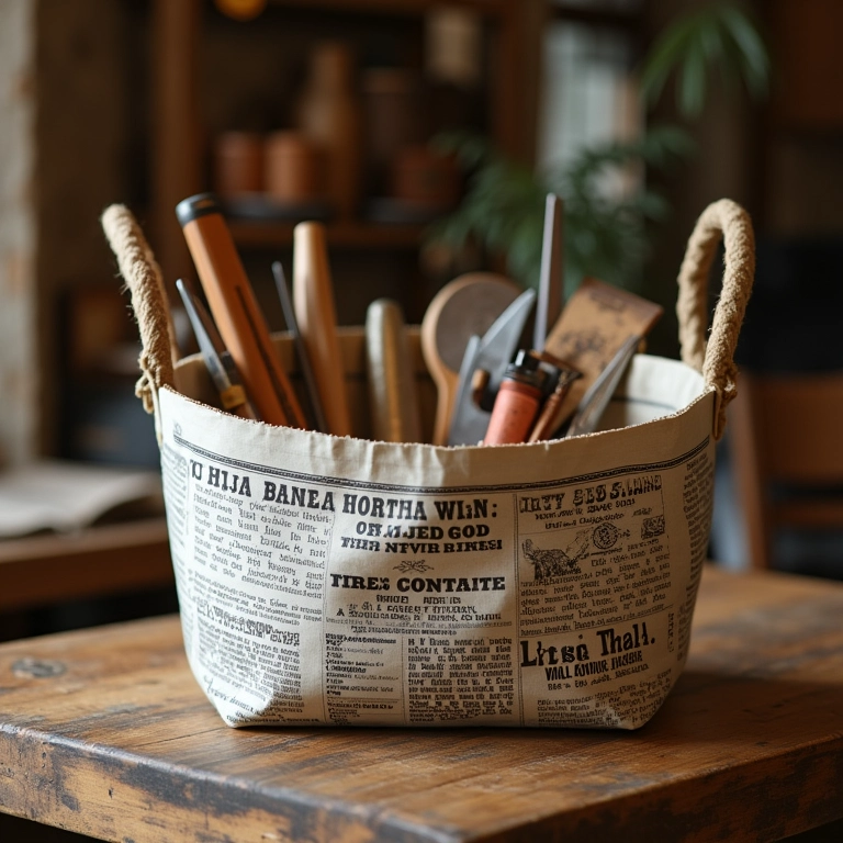 Cesto de jornal artesanal em mesa rústica com ferramentas de artesanato.