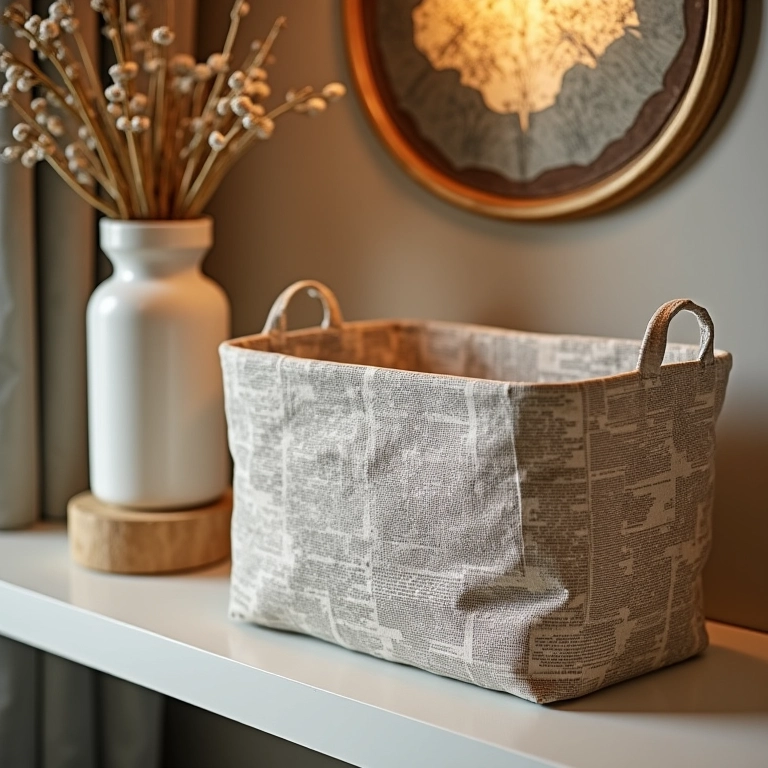 Cesto de jornal elegante em prateleira com itens decorativos.