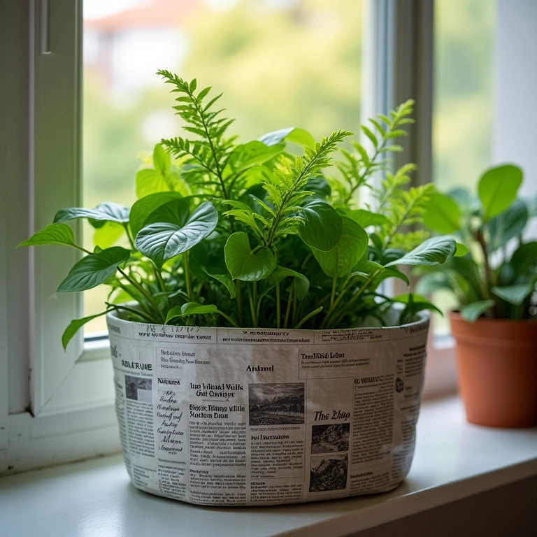 Cesto de jornal segurando planta verde vibrante em varanda ensolarada.