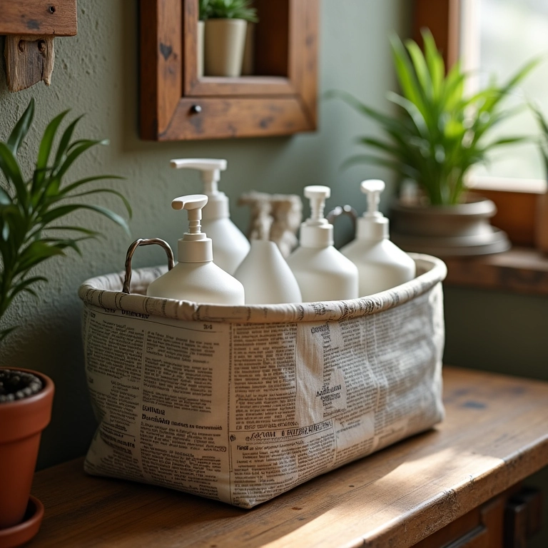 Cesto de jornal segurando produtos de higiene pessoal em banheiro rústico.