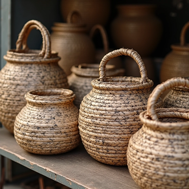 Cestos artesanais feitos de jornal reciclado em um mercado brasileiro.