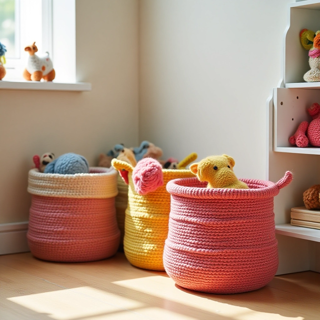 Cestos de fio de malha coloridos organizando brinquedos em um quarto infantil alegre e organizado.