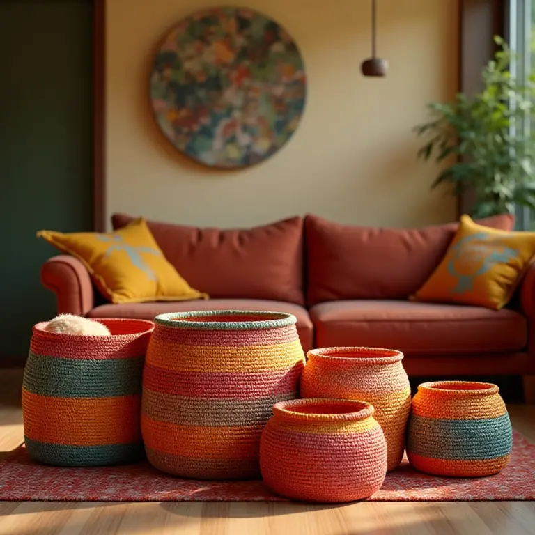 Cestos de fio de malha coloridos organizando diversos objetos em uma sala de estar aconchegante.
