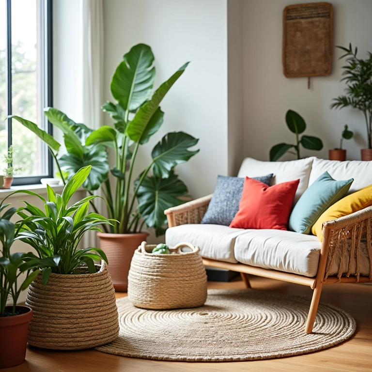 Cestos de jornal como armazenamento estiloso em sala de estar iluminada.