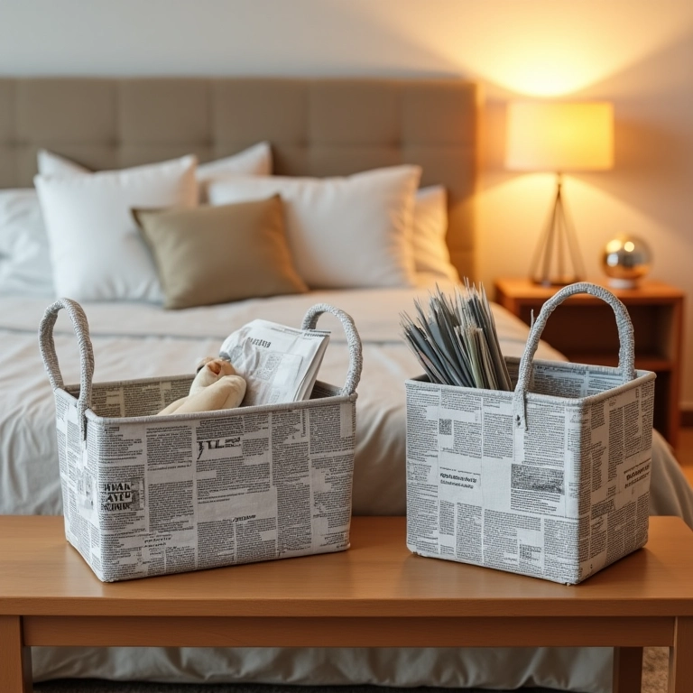 Cestos de jornal organizando acessórios em um quarto.