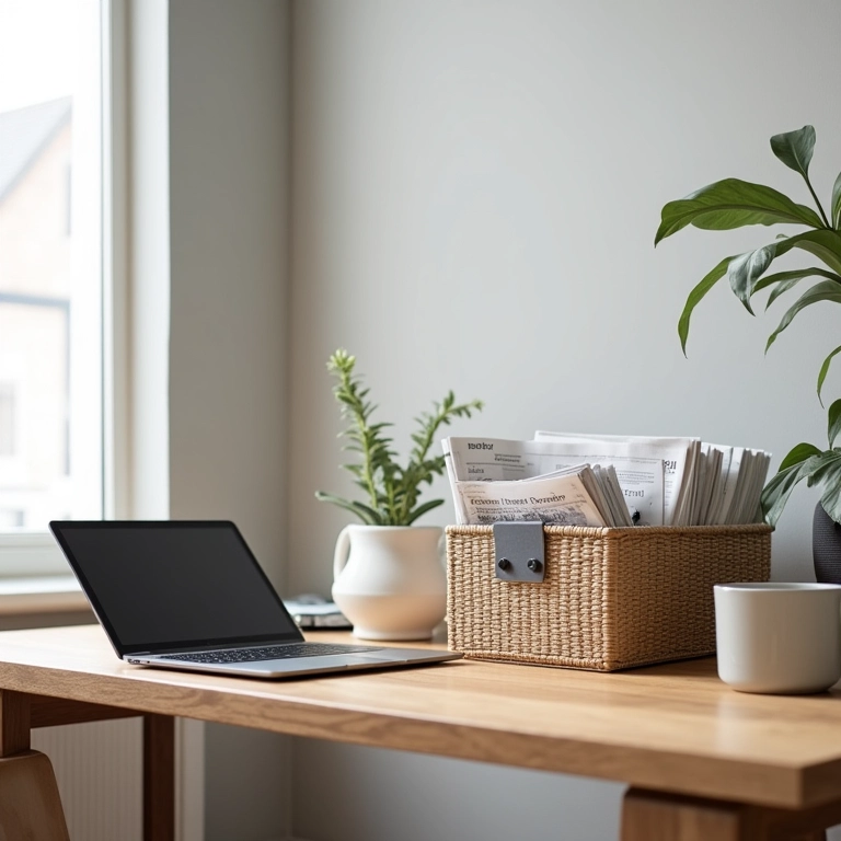 Cestos de jornal organizando um escritório doméstico.