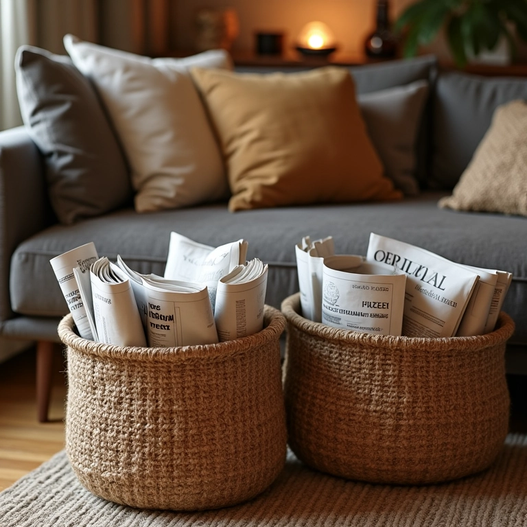Cestos de jornal segurando revistas e mantas em sala de estar aconchegante.