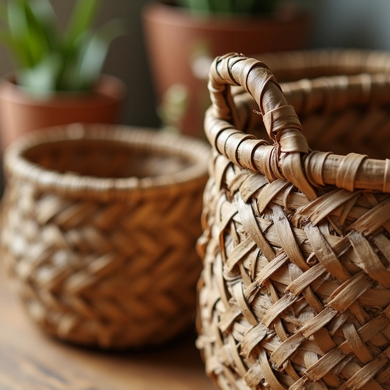 Cestos Trançados de Jornal: Técnica Antiga com Toque Moderno Cestos trançados de jornal, exibindo detalhes da textura e do trabalho artesanal.