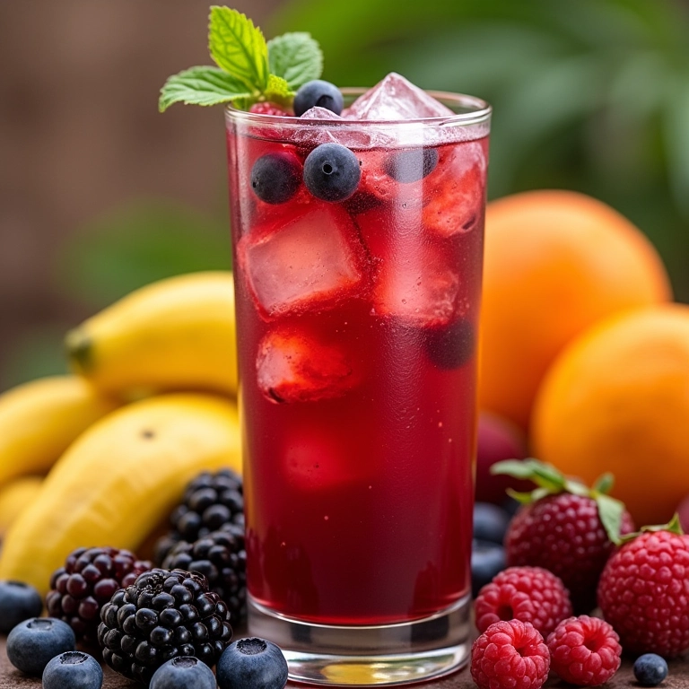 Chá gelado de frutas vermelhas em copo alto.