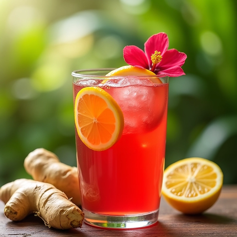 Chá gelado de hibisco com limão e gengibre em copo transparente.