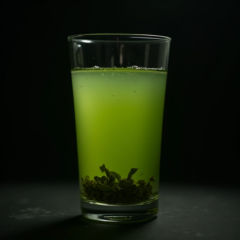 Chá verde amargo em copo de vidro.