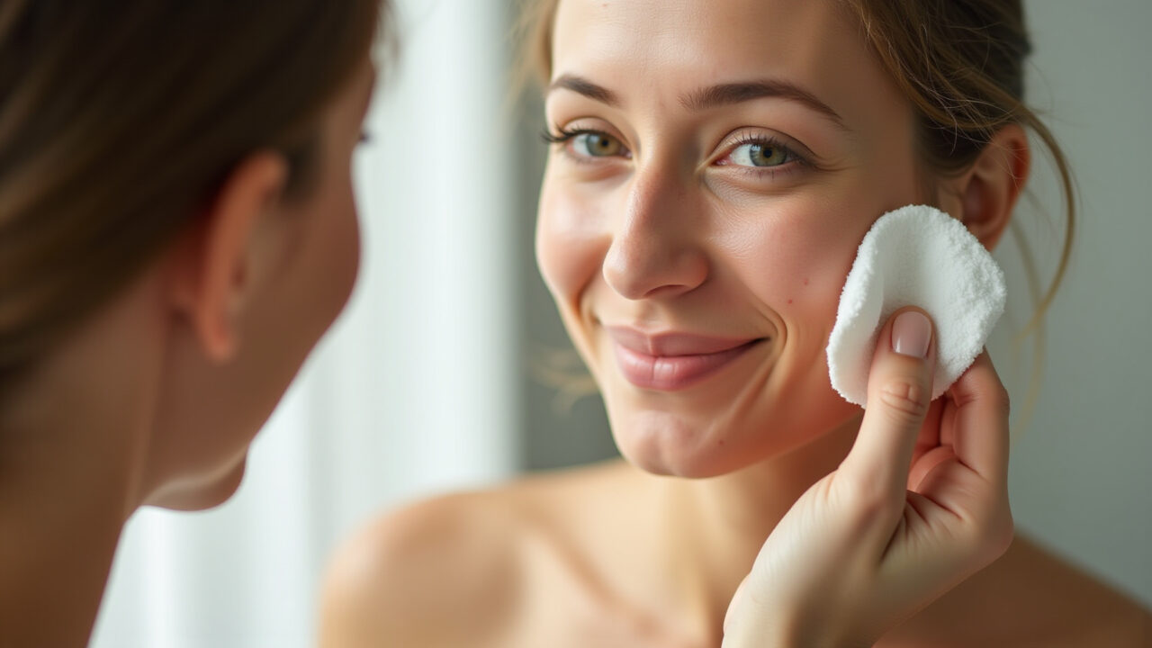 Chamomile tea being applied to the skin with a cotton pad, focus on healthy glowing skin, natural Chá de camomila para a pele.