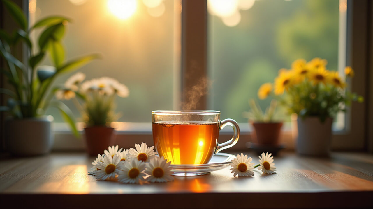 Chamomile tea being enjoyed at different times of the day: morning, afternoon, evening, diverse Chá de camomila em diferentes horários.