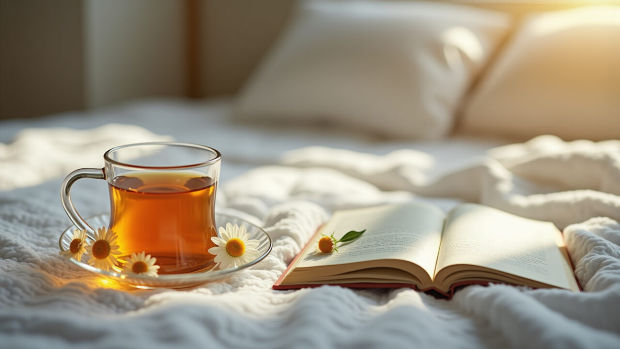 Chamomile tea beside a bed with soft lighting, open book, creating a peaceful bedtime scene, Chá de camomila ao lado da cama para uma noite tranquila.