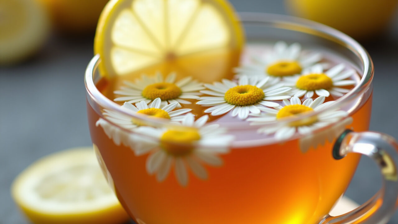 Chamomile tea with lemon slices, close-up, vibrant colors, healthy drink, natural light, 8K Chá de camomila com limão.