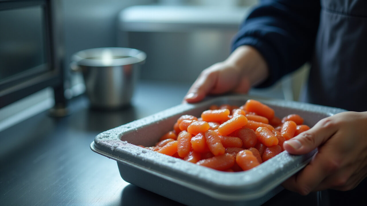 Chantininho being stored in a freezer container, with frost on the container. 8k, sharp focus, Chantininho armazenado em recipiente para congelamento.