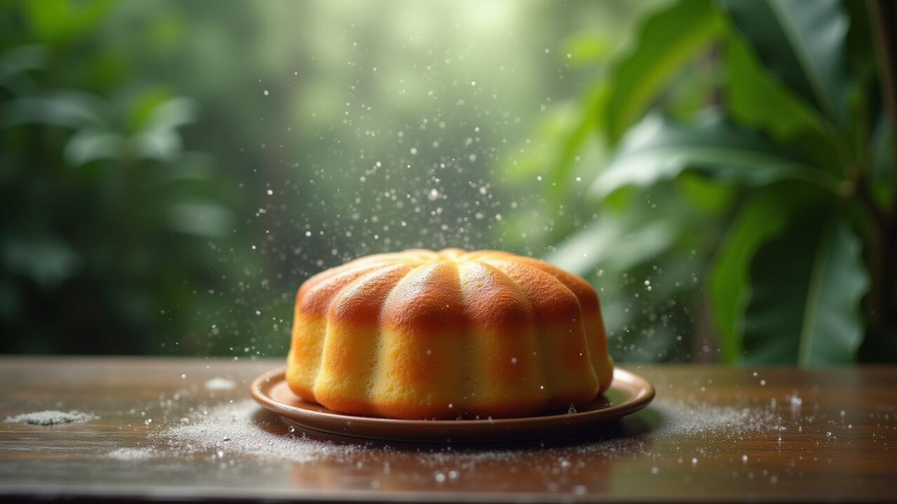 Chantininho cake resisting humidity, with a blurred background of a tropical rainforest. 8k, sharp Bolo com chantininho resistindo à umidade.