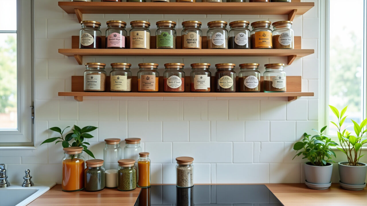 Charming kitchen with repurposed glass jars as spice racks, colorful labels, natural light, 8K, Potes de vidro reutilizados como porta-temperos charmosos na cozinha.