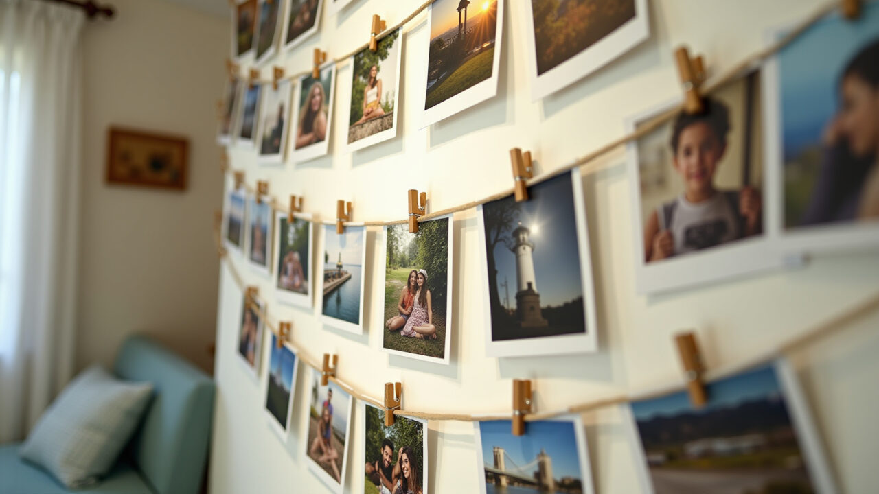 Charming photo display, clothespin wall art, memories on display, Brazilian home, lifestyle Painel de fotos com prendedores de roupa coloridos.
