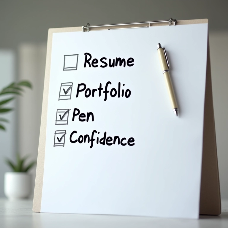 Checklist com itens essenciais para entrevista: currículo, portfólio, caneta, confiança.