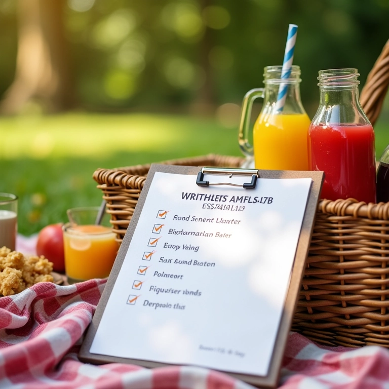 Checklist de piquenique em cima de cesta com comida.