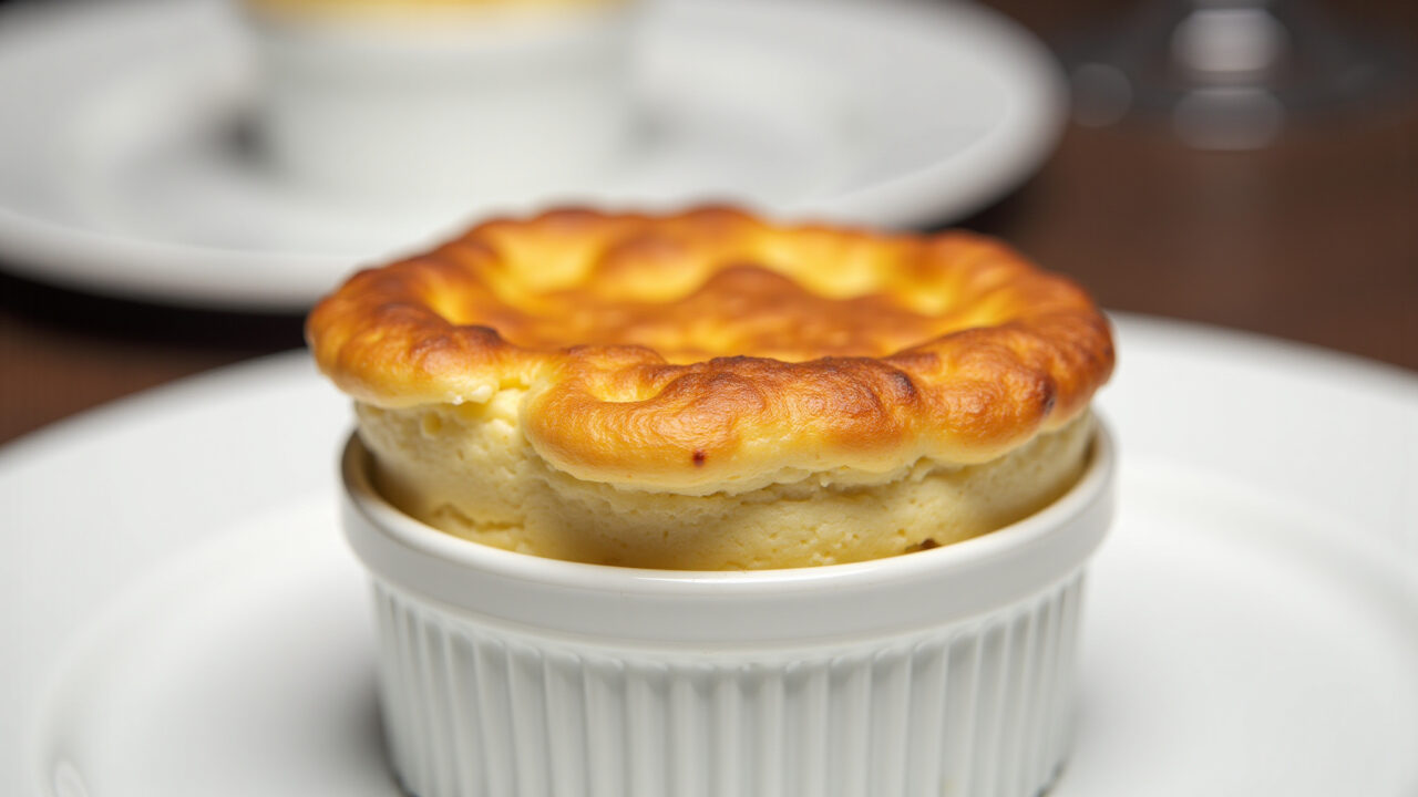 Cheese soufflé rising in a ramekin, golden brown, side view, 8k, professional food photography, Souflê de queijo gruyère.