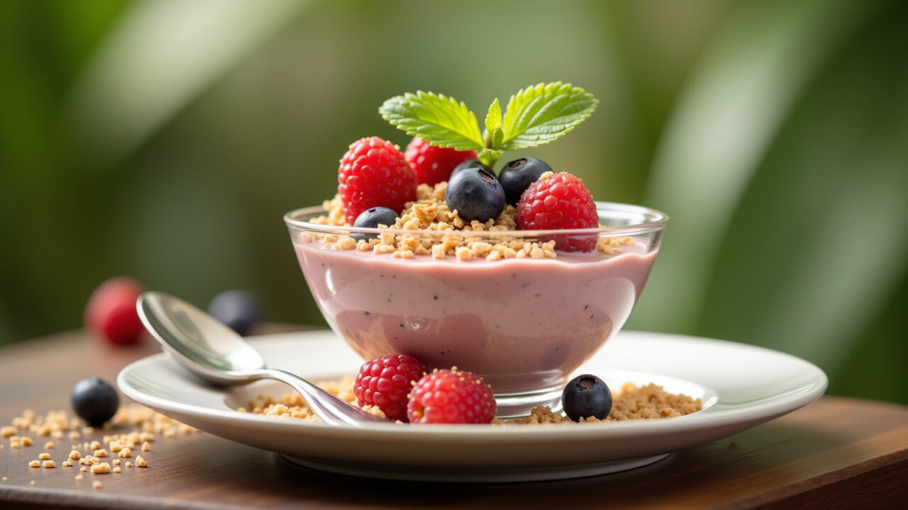 Chia pudding with whey protein, light dessert, commercial photography, 8K quality, sharp focus, Pudim de chia com whey protein.