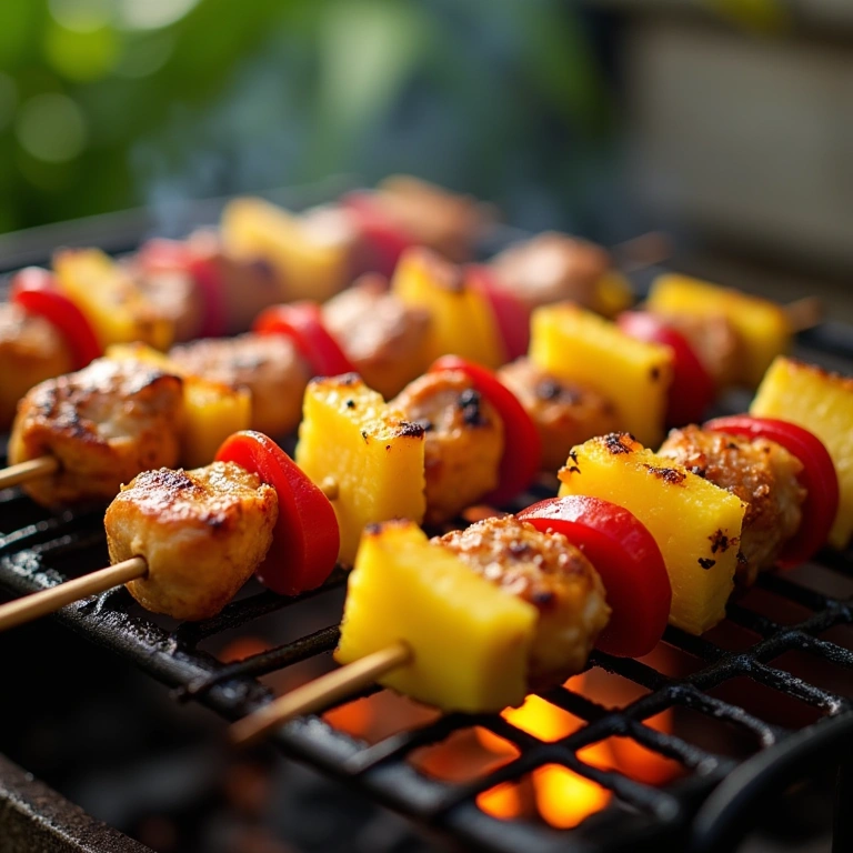 Chicken and pineapple skewers grilling on a barbecue, vibrant colors, Brazilian summer vibe, 8K Espetinhos de frango com abacaxi grelhado, churrasco light e saboroso.