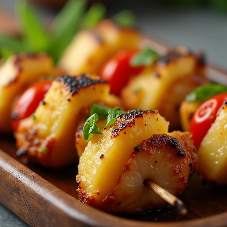 Chicken and pineapple skewers, tropical and juicy. Professional photography, 8K quality, sharp Espetinho de frango com abacaxi caramelizado, tropical e saboroso.