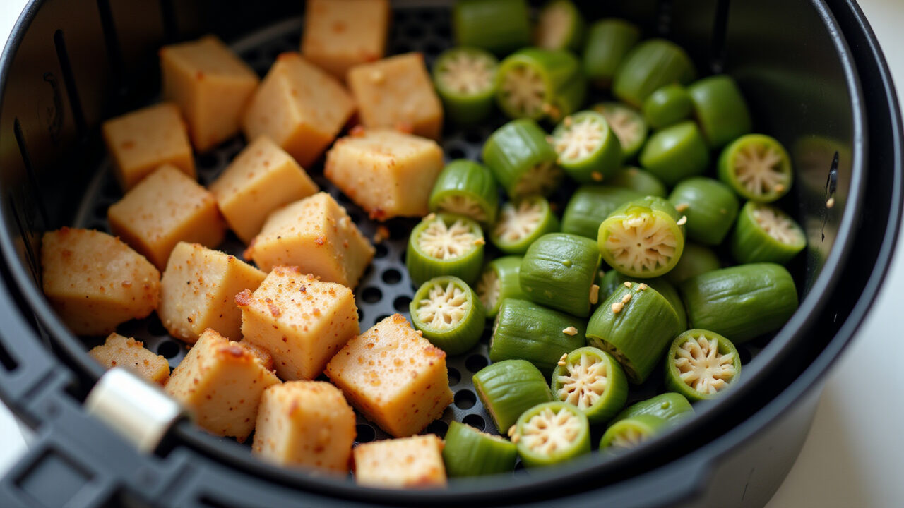 Chicken cubes and okra in air fryer basket, seasoned, close-up, kitchen setting, natural light, 8K Quiabo com frango sendo preparado na airfryer.