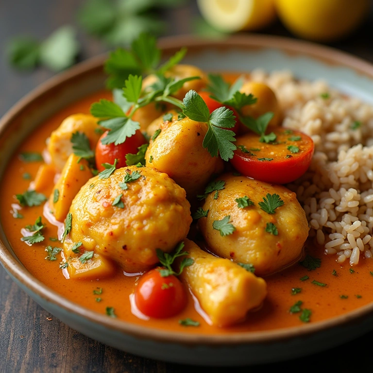 Chicken curry with light coconut milk and vegetables, served with brown rice, vibrant colors, Frango ao curry light com legumes, viagem de sabores na dieta.