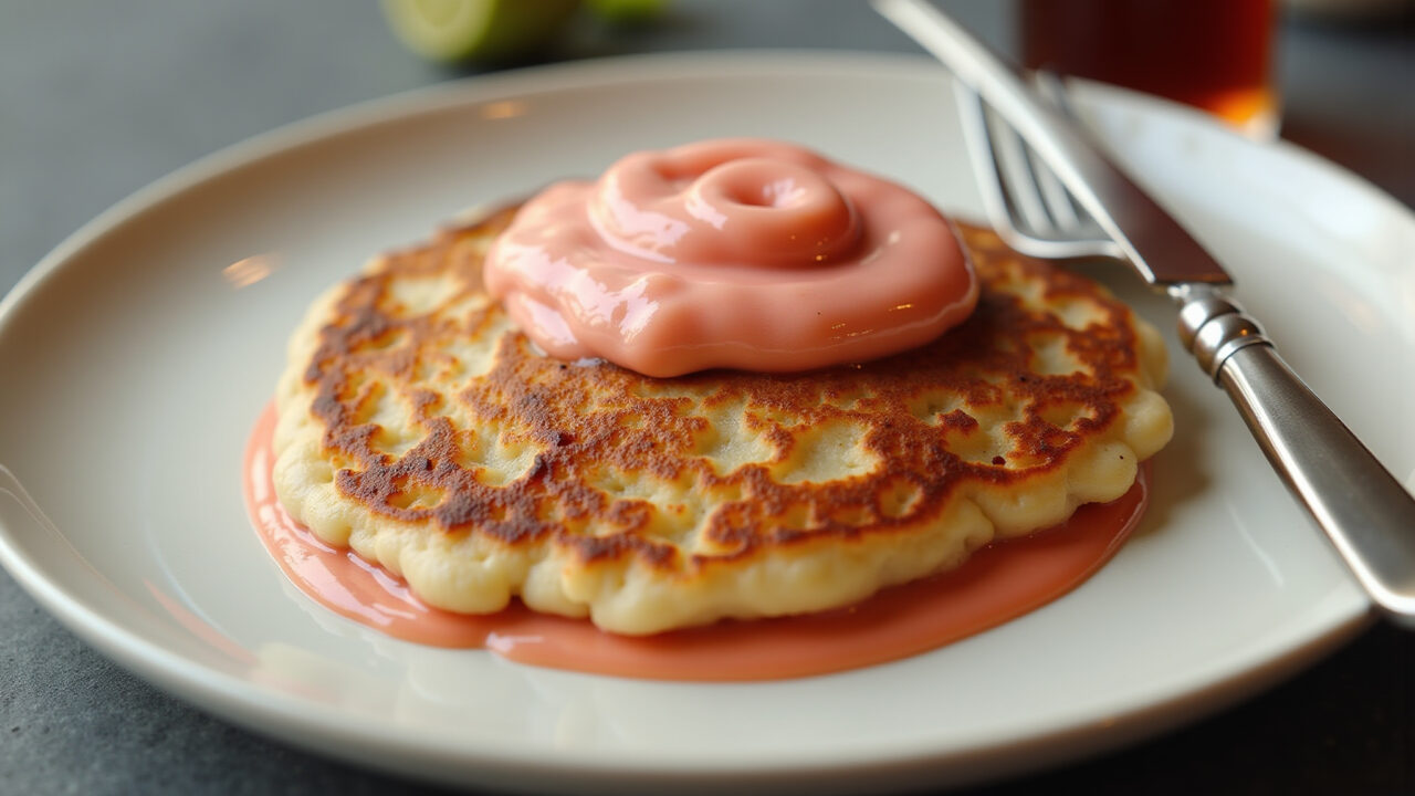 Chicken pancake with pink sauce, plate, fork, knife, close-up, professional photography, 8K Panqueca de galinha picada com molho rosé.