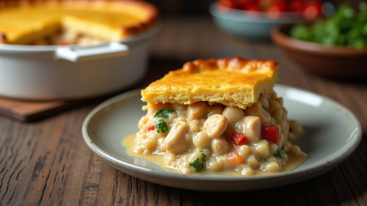 Chicken pot pie, slice, plate, rustic table, side view, professional photography, 8K quality, sharp Torta de liquidificador com galinha picada e azeitonas.