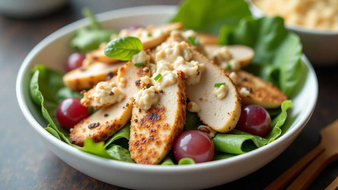 Chicken salad with grapes, bowl, green leaves, nuts, creamy dressing, natural light, 8K quality, Salada de frango com uva em uma tigela sobre folhas verdes.