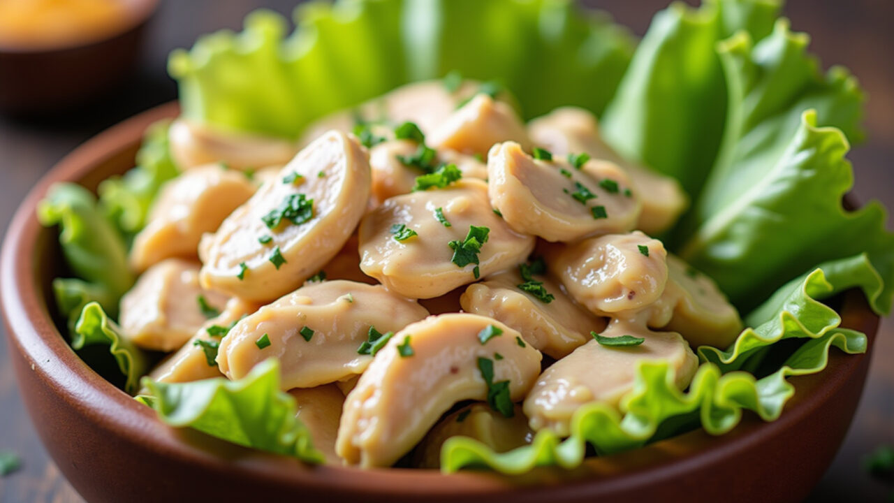 Chicken salad with homemade mayonnaise, bowl, lettuce, close-up, professional photography, 8K Salada de galinha picada com maionese caseira.